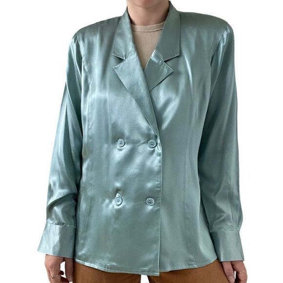 Vintage 80s Womens Blue Double Breasted 100% Silk Preppy Sexy Blouse Sz L - Picture 2 of 13